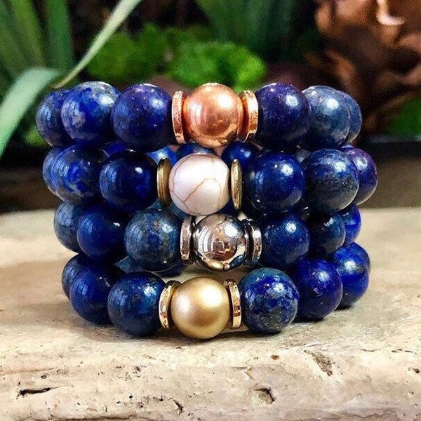 Blue Lapis Lazuli Stackable Bead Bracelet Set, Chunky Elastic Bead Bracelet, Gemstone Jewelry, Vintage, 10mm beads