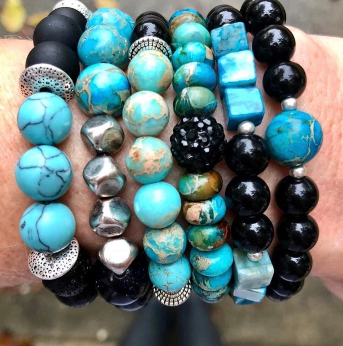 Turquoise and Black Onyx Stackable Bracelet Set Stackable - Etsy