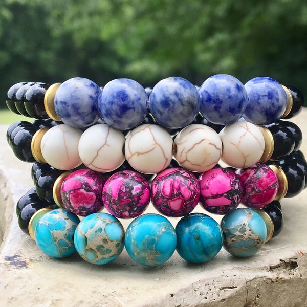 Colorful Marble Howlite Stackable Bracelets with Gold Accents