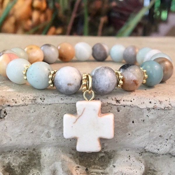 Amazonite Bead Bracelet with White Cross Dangle Charm