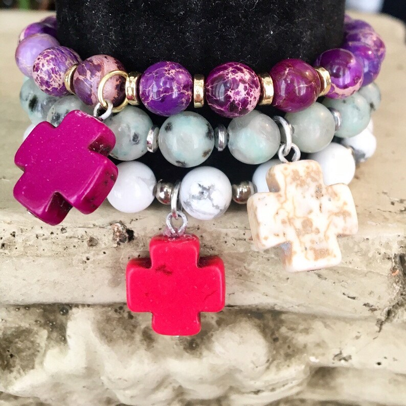 Dangle Cross Charms Gold Charm Bracelet Gemstone Bracelet Layered Bracelets Natural Stone Bracelet