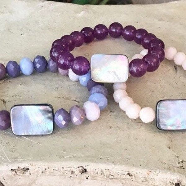 Purple Stackle Bead Bracelet with Grey Center Accent Stone