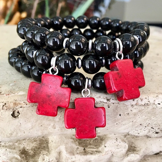 Black Bead Bracelet with Red Dangle Cross Charm Etsy