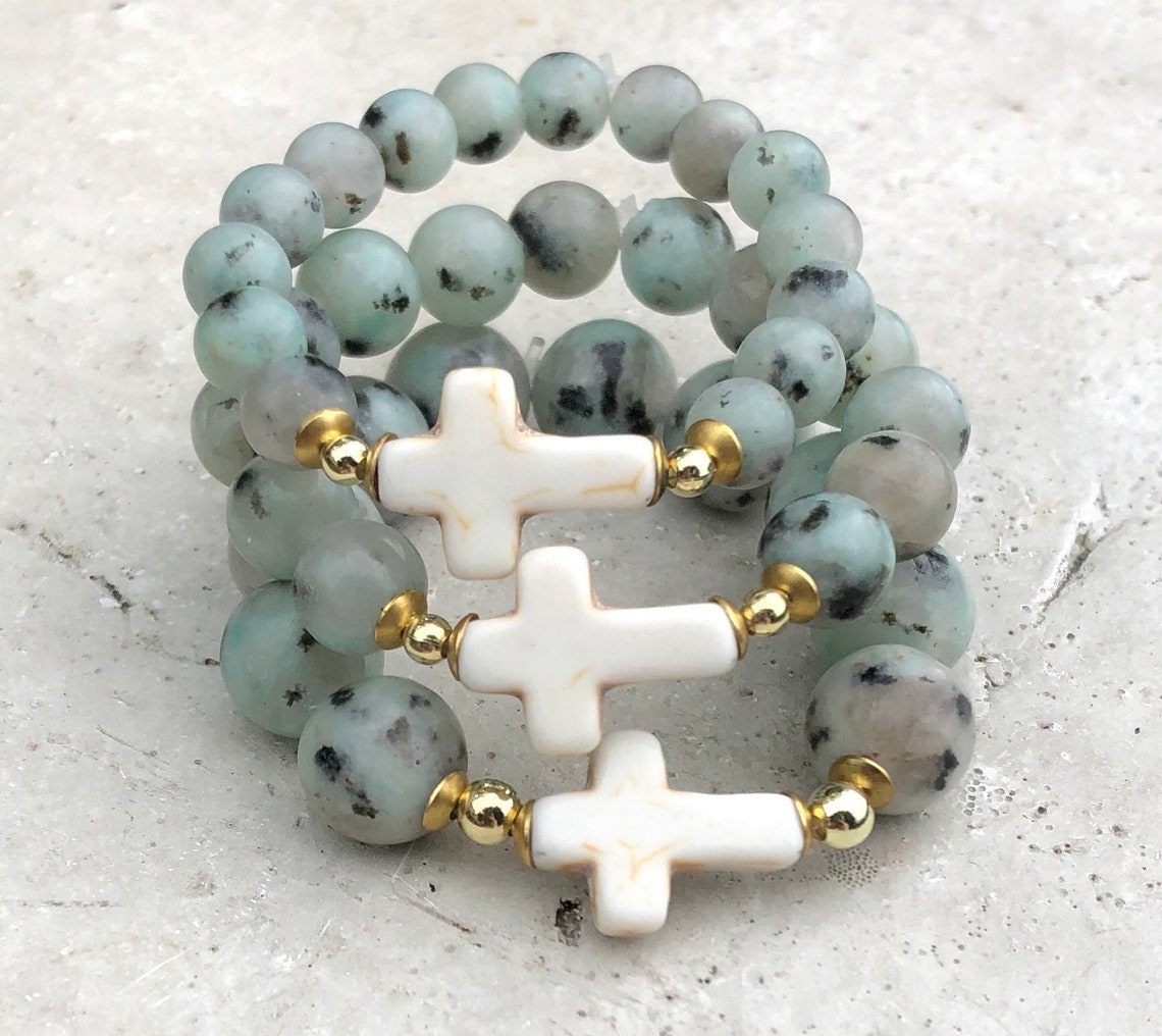 Gemstone Bead Bracelet Cross Charms Stretch Cross Bracelet Etsy