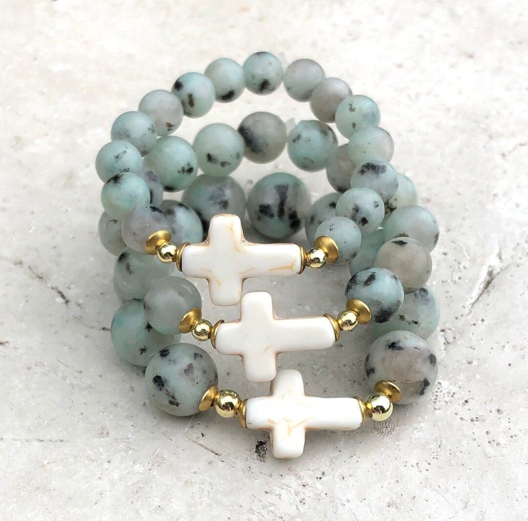 Gemstone Bead Bracelet, Cross Charms, Stretch Cross Bracelet, Dainty