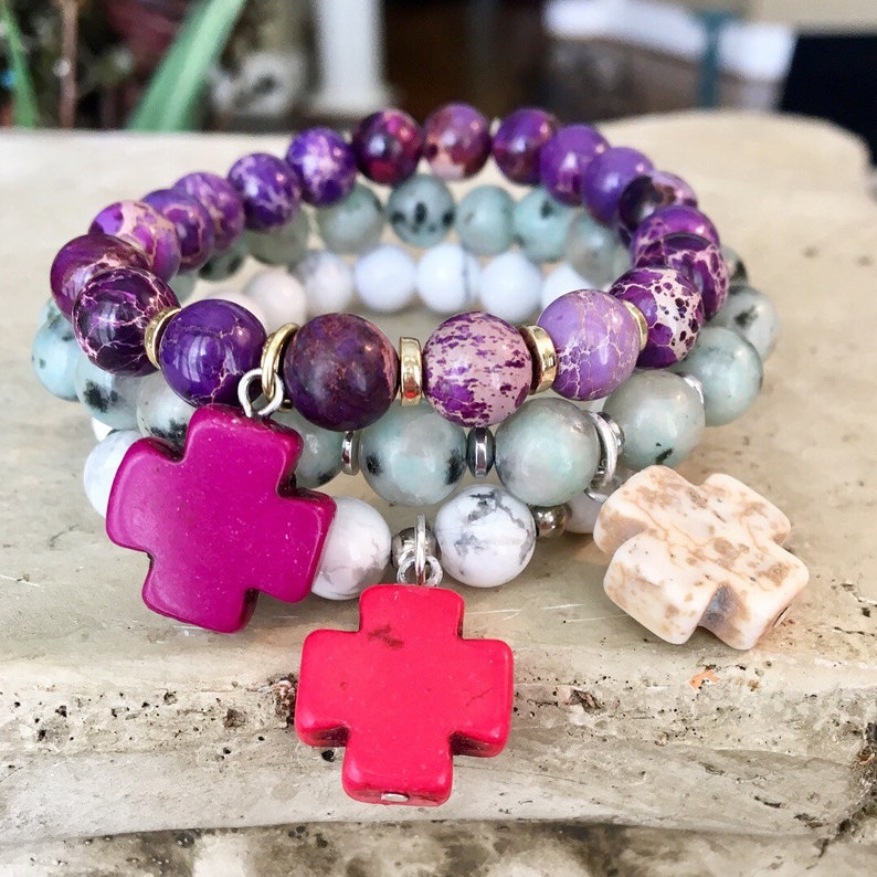 Dangle Cross Charms Gold Charm Bracelet Gemstone Bracelet Layered Bracelets Natural Stone Bracelet