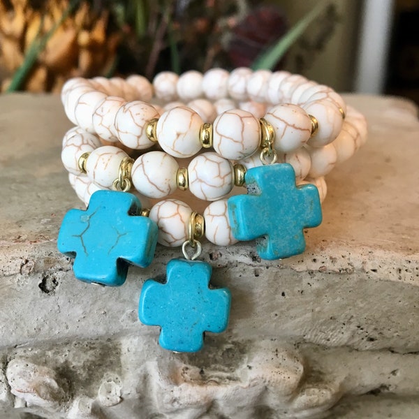 Marble Howlite, White bead bracelet with Turquoise Cross Charm