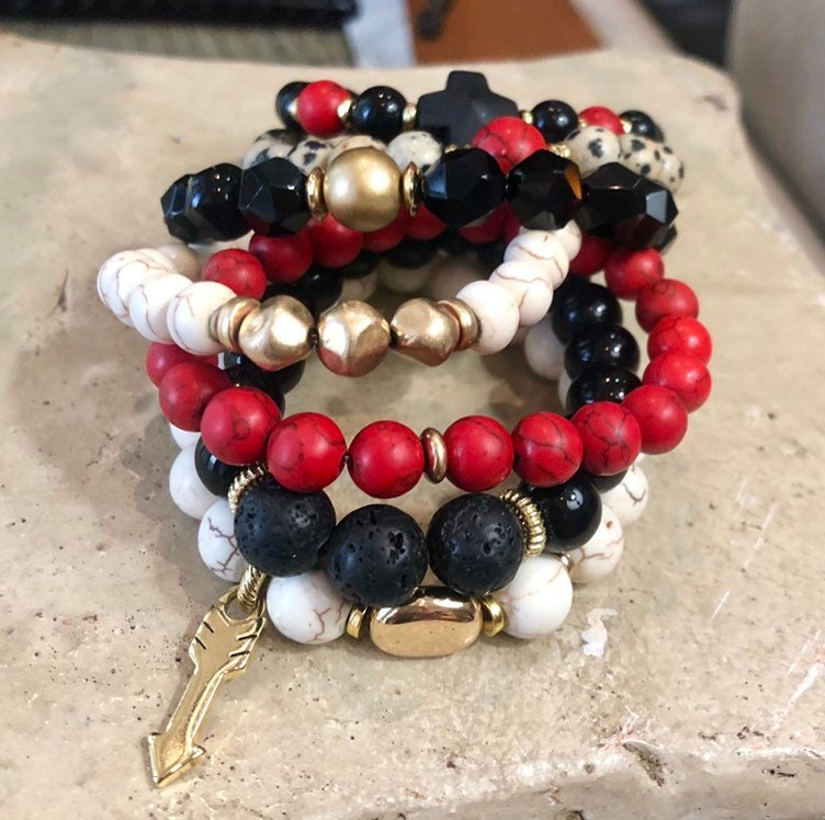 Red Bead Bracelet Matte Black Bracelet Dalmatian Bead Etsy UK