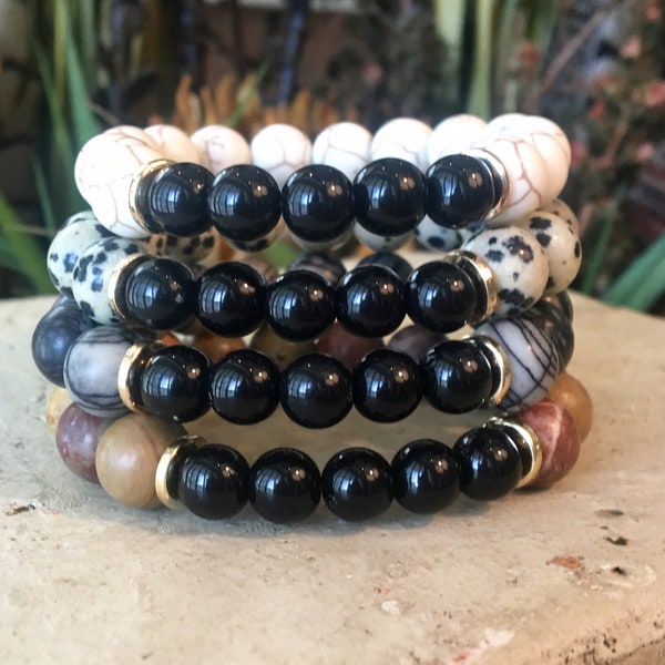 Black Onyx Stackable Bead Bracelets with gold accents and precious stones