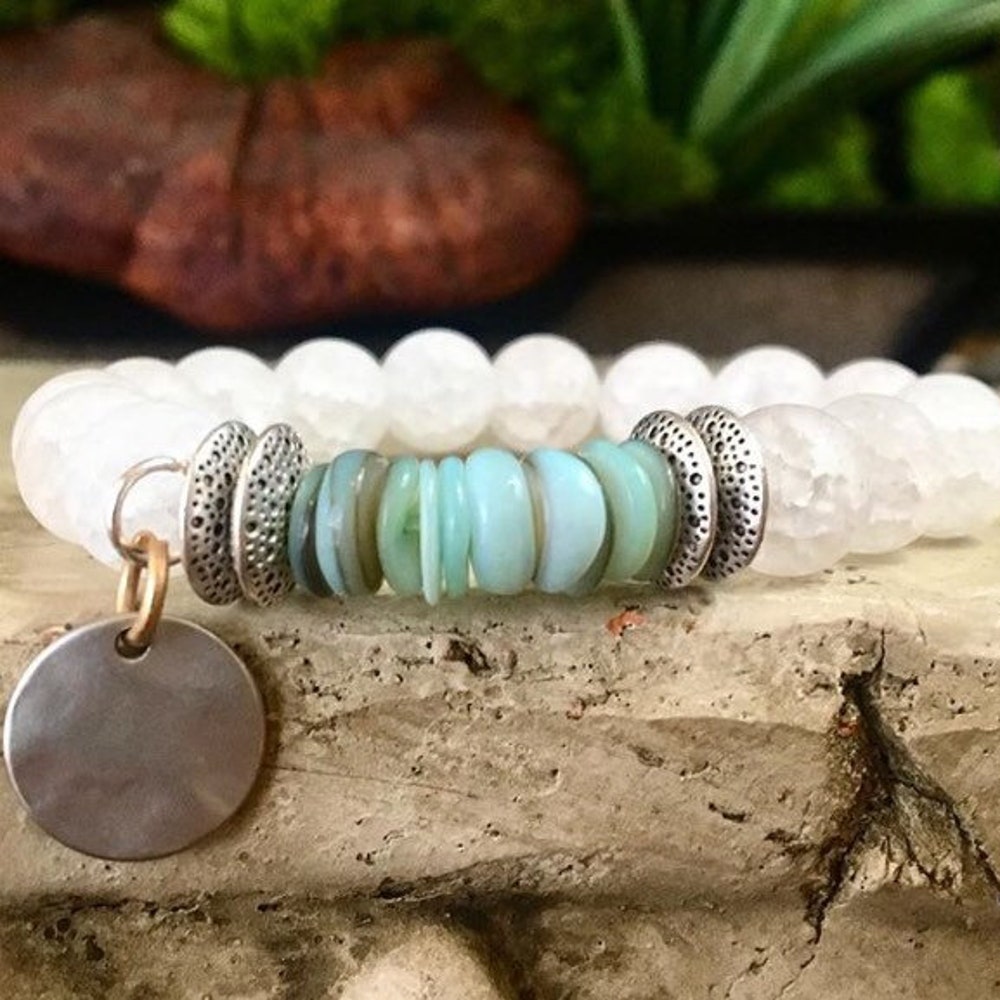 Cracked White Jasper Beaded Bracelet with Silver Disc Charm image 0
