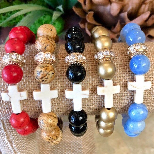 Gold Pave Cross Bracelet, Gemstone Jewelry, Beaded Jewelry, Cross Bracelet