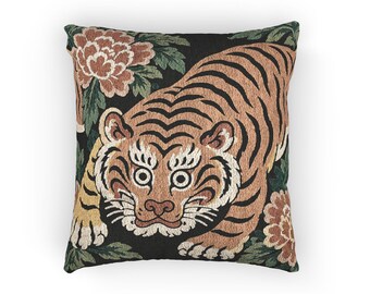 Floral Tiger Throw Pillow, Woven Tapestry Cushion with Filling, Double Sided Botanical Decor, 17 x 18 in