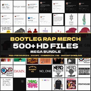 Op de afbeelding: Een digitale collectie van bootleg rap merchandise ontwerpen met meer dan 500 high-definition bestanden in PNG- en PSD-formaten. De rasterweergave toont diverse grafische prints, tekstgebaseerde logo's en screenshots van berichten.