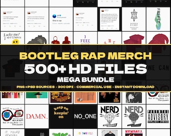 Bootleg Rap Merch Mega Bundle, 500+ HD Files, Hip Hop PNG PSD Sources, Vintage Concert Tee Graphics, Commercial Use, Instant Download