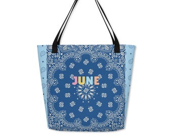 Personalized Blue & Light Blue Bandana Tote Bag, Large Paisley Shoulder Bag with Pocket