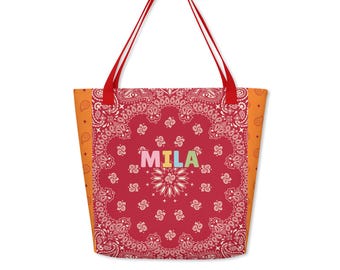 Personalized Red & Orange Bandana Tote Bag, Large Paisley Shoulder Bag with Pocket