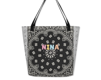 Personalized Black & Grey Bandana Tote Bag, Large Paisley Shoulder Bag with Pocket