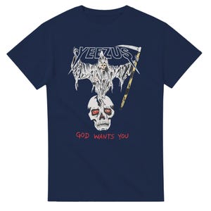 Camiseta da turnê Yeezus 2022 do Kanye West, modelo Reaper & Tour Towns. Navy