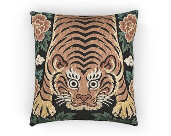 Tibetan Tiger Throw Pillow, Woven Tapestry Cushion with Filling, Double Sided Sofa Decor, 17 x 18 in