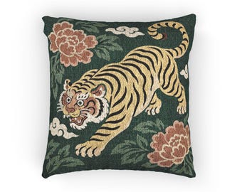 Green Tiger Throw Pillow, Woven Tapestry Cushion with Filling, Double Sided Jungle Decor, 17 x 18 in