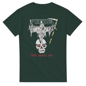 Camiseta da turnê Yeezus 2022 do Kanye West, modelo Reaper & Tour Towns. Forest Green