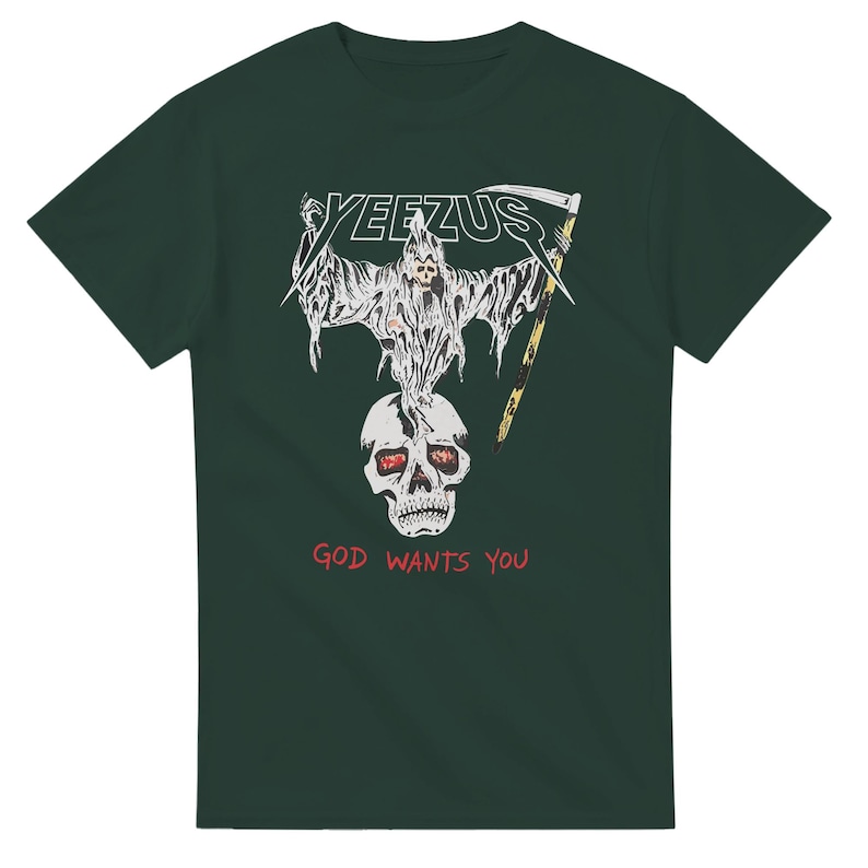 Camiseta da turnê Yeezus 2022 do Kanye West, modelo Reaper & Tour Towns. Forest Green