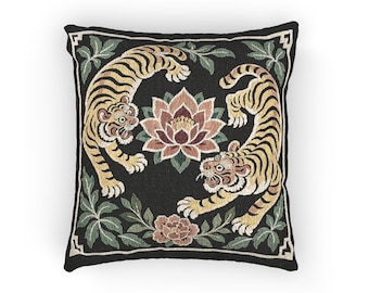 Double Tiger Throw Pillow, Woven Tapestry Cushion with Filling, Floral Lotus Decor, Double Sided, 17 x 18 in
