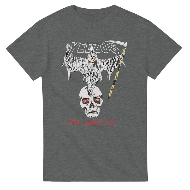 Camiseta da turnê Yeezus 2022 do Kanye West, modelo Reaper & Tour Towns. Graphite Heather