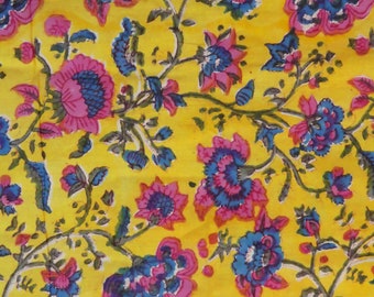 Pink Teal blossoms and Green tendrils on a Yellow fabric, Indian cotton fabric, Block Print India, ethnic boho, fabric by the meter