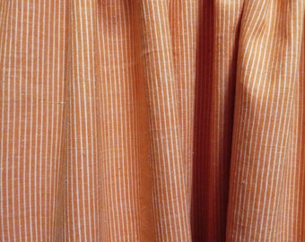Khadi Cotton Fabric  SalmonOrange with fine vertical stripes in White, handspun handwoven fabric India, ethnic summer fabric by the meter