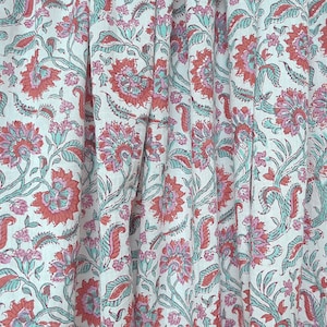 Voile with floral tendrils in Red Pink Green on Natural White, Blockprint fabric India, handprinted indian cotton fabric, fabric by meter