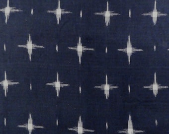 Midnight Blue Ikat Fabric with checked crosses in White, Indian cotton fabric, handloom tye-dye India, fabric by the meter, double ikat