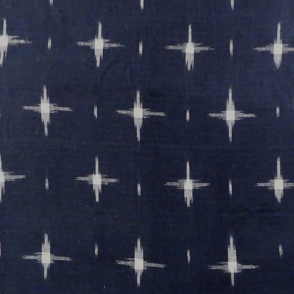 Midnight Blue Ikat Fabric with checked crosses in White, Indian cotton fabric, handloom tye-dye India, fabric by the meter, double ikat