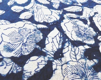 Fabric with White Hibiscus blossoms on dark Indigo Blue, Block print India, indian cotton fabric, natural-dye floral, Fabrics by the meter