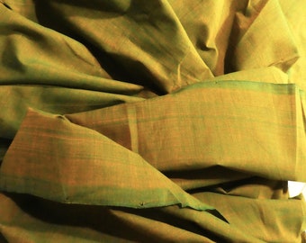 Khadi Cotton Fabric 'Bright Green Orange', indian traditional handloom fabric, chambray fabric green orange , handwoven fabric by the meter