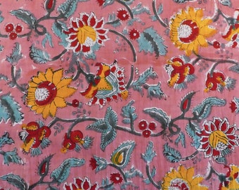 Voilefabric Blossom Red Yellow Red Teal White on Pink , Block Print India, Indian cotton fabric, floral boho summer textile, fabric by meter