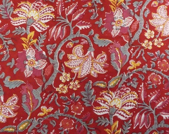 Voile with phantasy flowers in Pink Yellow Grey White on intense Red, Boho Blockprint fabric India, indian cotton fabric, fabric by meter