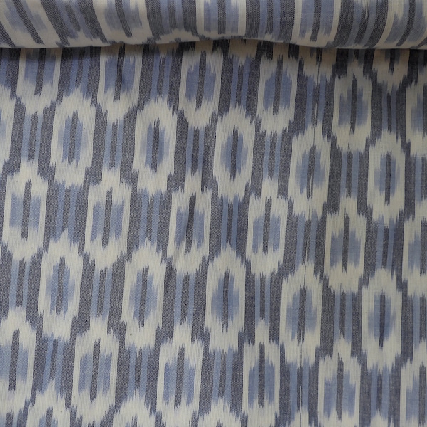 Natural white Ikat fabric with Diamond pattern in Blue shades, cotton fabric India, handloom Indian Ethnic textile, fabric by the meter