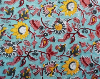 Voilefabric Blossom Pink Yellow Red Teal White on Turquoise , Block Print India, Indian cotton fabric, floral boho textile, fabric by meter