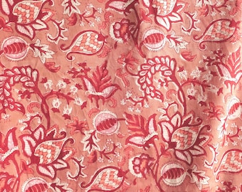 Voile fabric Paisley Blossom Tendrils Burgundy White on Apricot,Block Print India,100% cotton,floral boho, fabric by the meter, #BP122_ITO