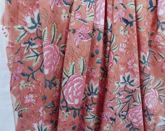 VOILE fabric 60g/sqm,Flowers and leaves in Pink Petrol White on Dusty Pink, block print India, indian cotton fabric, floral fabric by meter