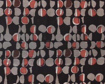 May include: A black fabric featuring a repeating geometric pattern of circular and semi-circular shapes in shades of grey, dark red, and white. The design consists of aligned rows of abstract forms that create a structured, rhythmic visual texture.