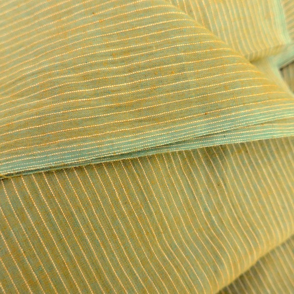 Tissu en coton Khadi fin 'Green Ochre Yellow Chambray rayures verticales en jaune clair', tissu filé à la main Inde, tissu ethnique vendu au mètre