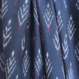 Chambray Blue Black Ikat Fabric with an intricate pattern in White Pink, Indian cotton fabric, Handloom India, fabrics by the meter, sewing