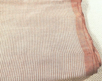 Khadi Cotton Fabric  with small vertical stripes in Natural White and Rosebrown, handspun handwoven fabric India, ethnic fabric by the meter