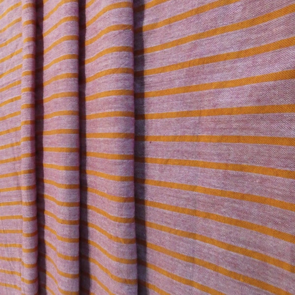 Khadi Cotton Fabric  with small vertical stripes in Orange on dusky pink, handspun handwoven fabric India, ethnic fabric by the meter