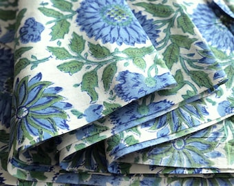 Fabric Blue Dahlia blossoms with green tendrils on White, Indian Block Print, 100% cotton fabric,fabric by meter,remnant discount,#BPS07_ROO