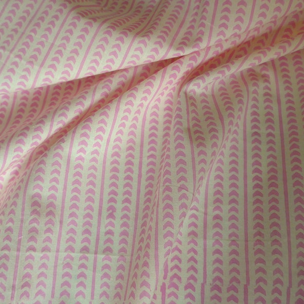 Fabric with Pink stripes and spikes on White, Indian cotton fabric , batist fabric, blockprint fabric India, geometrical fabric by the meter