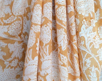 Fabric White blossoms and tendrils on Mustard Yellow, Indian Block Print, 100% cotton fabric,thin voile material,fabric by meter, #BP128_ROO