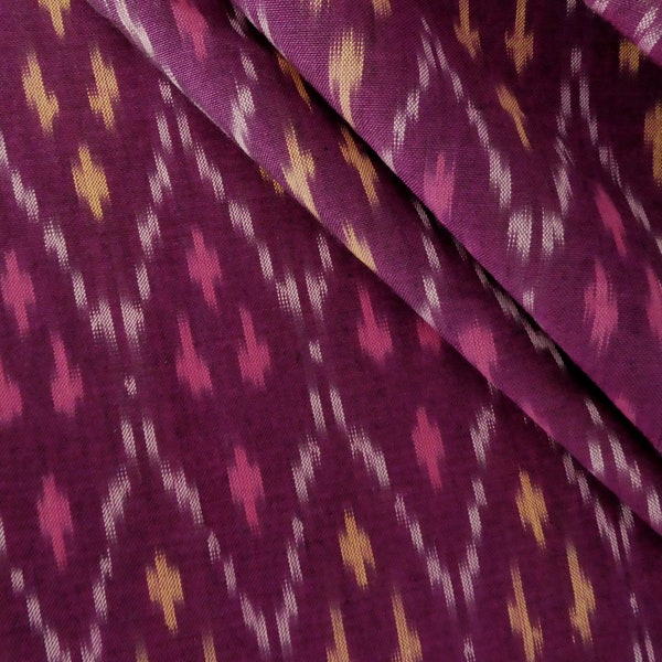 Ikat fabric in Magenta Chambray with pink yellow white pattern,mercerized cotton fabric India,Indian handloom artisanat,fabric by meter